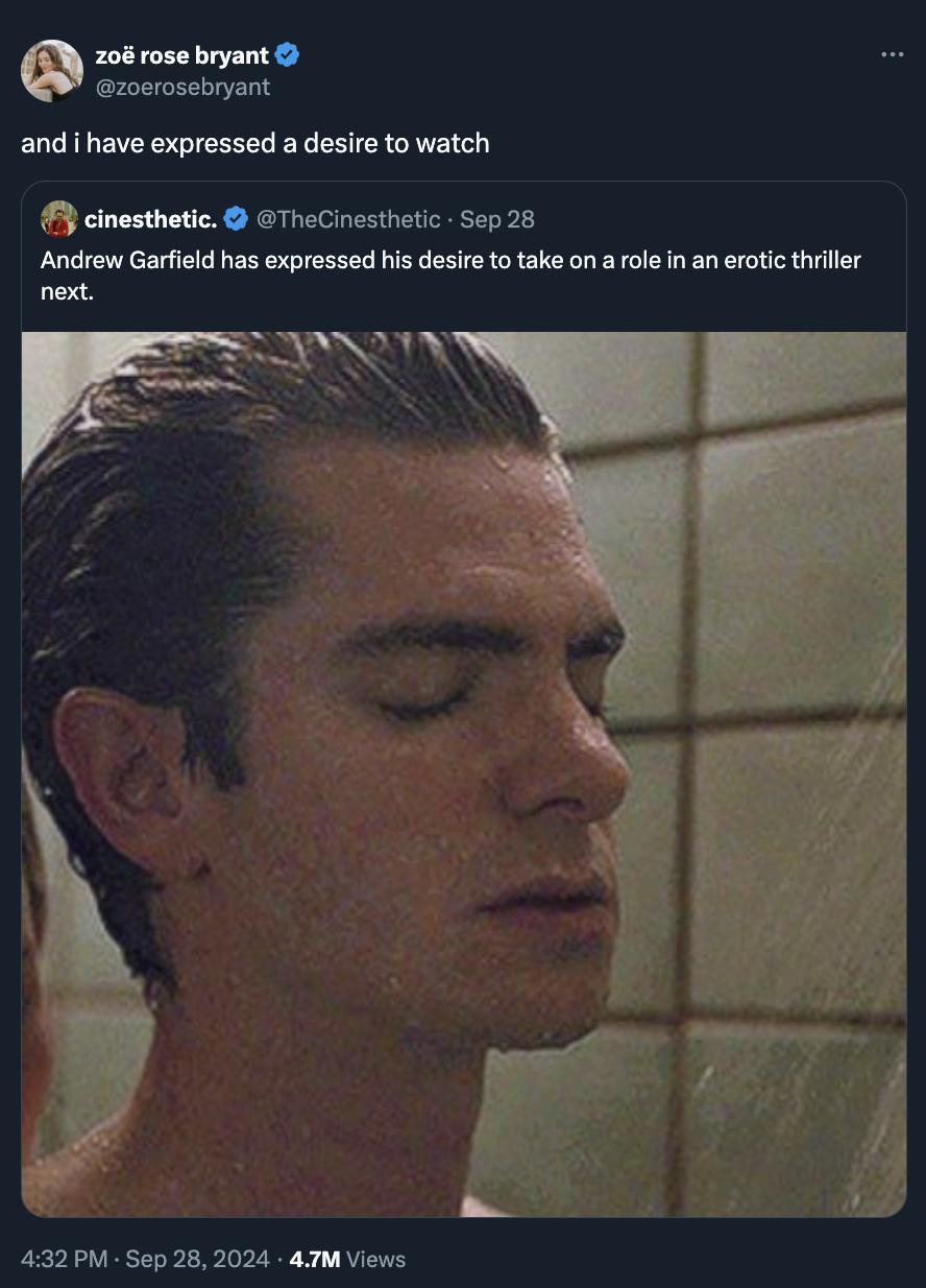 screenshot - zo rose bryant and I have expressed a desire to watch cinesthetic. Sep 28 Andrew Garfield has expressed his desire to take on a role in an erotic thriller next. 4.7M Views